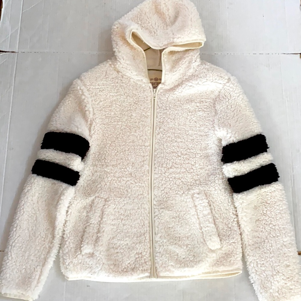 SO Softest Sherpa Women Full-Zip Fluffy Ivory/Black Stripes Arm Band Jacket